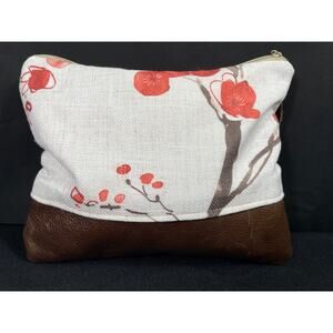 Cherry Blossom Bag, Fabric and Leather Base, Handmade, One of a Kind, Clutch